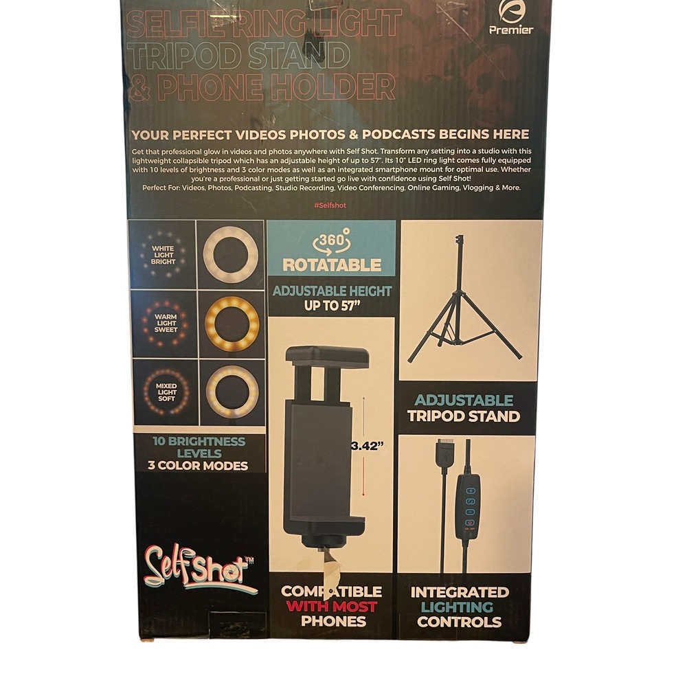 Premier SelfShot 10" Selfie Ring Light Tripod Stand & Phone Holder USB - Picture 3 of 13